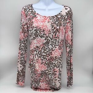 Dana Buchman Pink/Tan Abstract Floral Print Long Sleeve Ruched Sides T-Shirt-S